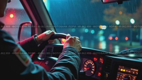 Professional Driver Operating a Vehicle on a Rainy Night in the City. Стоковое AI-видео, аниматор Sergey Grishin / Фотобанк Лори