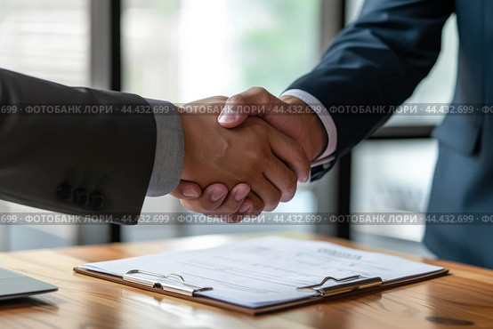 Professional handshake over business documents. Стоковое AI-изображение, AI-художник Иван Рябоконь / Фотобанк Лори
