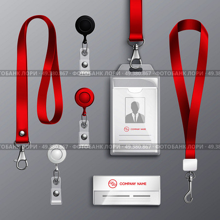 Professional identification card id badges holders with red lanyards and strap clips realistic templates set isolated vector illustration  . Identification Card Badge Accessories Set. Стоковая иллюстрация, агентство Ingram Publishing / Фотобанк Лори