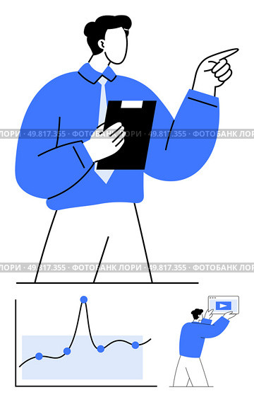 Professional in blue attire holds clipboard pointing upwards. Below graphs and charts highlight analysis. Ideal for business analytics, presentations, teamwork, strategy, education, growth. Line. Business Analysis and Data Interpretation Concept with Blue Themed Professional and Graph Elements. Стоковая иллюстрация, агентство Ingram Publishing / Фотобанк Лори