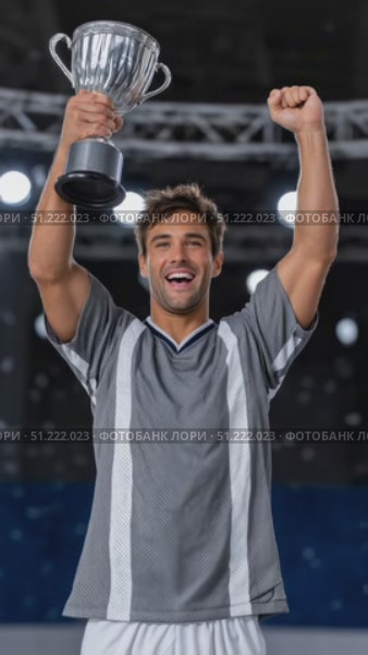 Professional soccer player lifting championship trophy overhead, expressing pure joy and triumph after winning crucial match in packed stadium. Стоковое AI-видео, аниматор Юрий Поздников / Фотобанк Лори