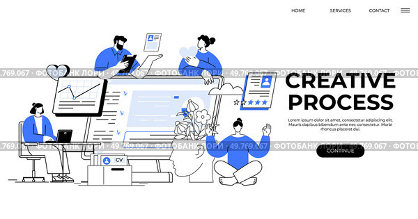 Professionals working on laptops and mobile devices, sharing ideas, nurturing creativity. Ideal for teamwork, productivity, technology, professional development, creative inspiration. Illustrative. Team Collaboration and Creative Process with Digital Tools and Ideas. Стоковая иллюстрация, агентство Ingram Publishing / Фотобанк Лори