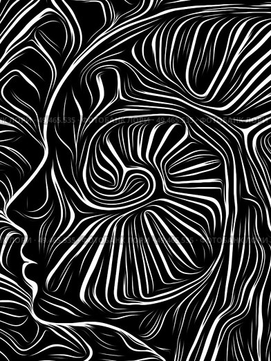 Profile face integrated in black and white woodcut pattern. On subject of the mind, consciousness, reason and human drama. Black and White Poetry series. Стоковое фото, агентство Ingram Publishing / Фотобанк Лори