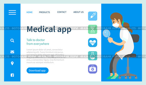 Program landing page template. Medical app for communicating with a doctor from anywhere. Website for analyzing state of health via the Internet. A girl sitting with a magnifying glass in her hands. Medical app for communicating with a doctor from anywhere. Girl sitting with a magnifying glass. Стоковая иллюстрация, агентство Ingram Publishing / Фотобанк Лори