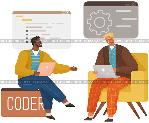 Programmer engineering and coding. Coder programmers working on web development on computer. Concept of script coding and programming in php, javascript, python, other languages. Software developers. Programmer engineering and coding. Set of programmers working on web development on computers. Стоковая иллюстрация, агентство Ingram Publishing / Фотобанк Лори
