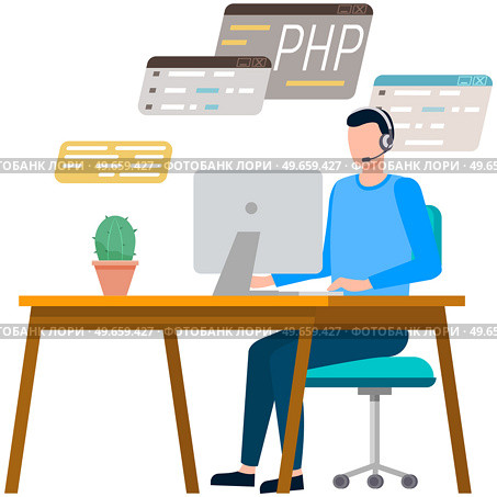 Programmer engineering and coding. Coder programmers working on web development on computer. Concept of script coding and programming in php, javascript, python, other languages. Software developers. Programmer engineering and coding. Set of programmers working on web development on computers. Стоковая иллюстрация, агентство Ingram Publishing / Фотобанк Лори