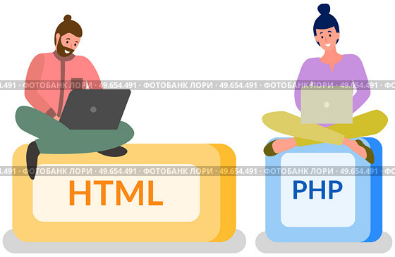Programmer, html button and laptop. Programming or coding, digital technology. Lady is working with electronic device to create websites. Html and php developer sitting on block with text HTML, PHP. Woman programmer working withl aptop to create websites, programming or coding with text HTML and PHP. Стоковая иллюстрация, агентство Ingram Publishing / Фотобанк Лори