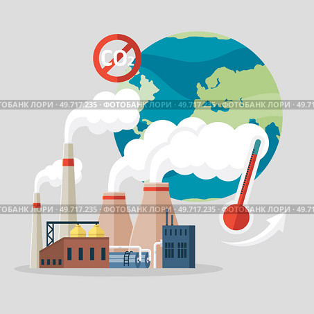Prohibiting emissions carbon dioxide CO2 red sign crossed out inside circle on planet background with globe and smoking chimneys of factory. Prohibition symbol icon, stop pollution vector Illustration. Prohibiting emissions carbon dioxide CO2 red sign crossed out inside circle on planet background. Стоковая иллюстрация, агентство Ingram Publishing / Фотобанк Лори