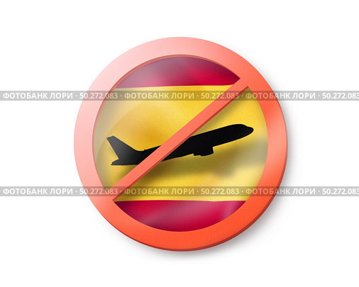 Prohibition sign with crossed out white plane on the Spanish flag on a white background, copy space. Restriction of entry into Spain. Quarantine concept. 3D illustration. Forbbiden sign with crossed out plane on the Spanish flag. Стоковое фото, агентство Ingram Publishing / Фотобанк Лори