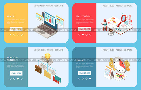 Project management isometric set of horizontal banners with icons text learn more buttons and page selector vector illustration. Project Management Banners Collection. Стоковая иллюстрация, агентство Ingram Publishing / Фотобанк Лори