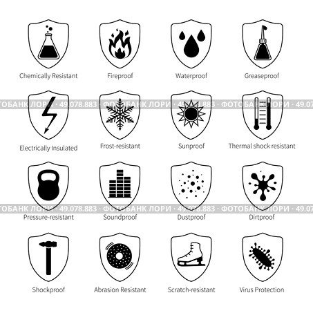 Protection Proof Black Icons . Protection proof black emblems with  scratch resistant soundproof shockproof virus protection signs and commentaries on white background isolated vector illustration  . Стоковая иллюстрация, агентство Ingram Publishing / Фотобанк Лори