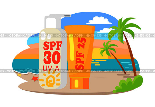 Protective suntan cream and lotion commercial. Dawn at beach with tall palms and big shiny tubesisolated vector illustration. Protective Suntan Cream and Lotion Commercial. Стоковая иллюстрация, агентство Ingram Publishing / Фотобанк Лори