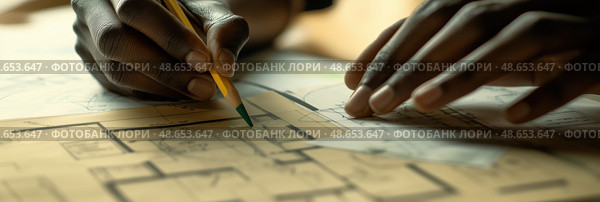 Процесс проектирования архитектурного плана вручную. Стоковое AI-изображение, AI-художник Александр Жуков / Фотобанк Лори
