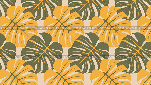 Прямоугольный фон с повторяющимся узором из листьев монстеры. Rectangular background with repeating monstera leaves pattern. Редакционная иллюстрация, иллюстратор Ирина Щербакова / Фотобанк Лори