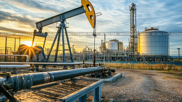 Pump jack extracting crude oil with refinery plant in background at sunset. Стоковое AI-изображение, AI-художник Юрий Поздников / Фотобанк Лори
