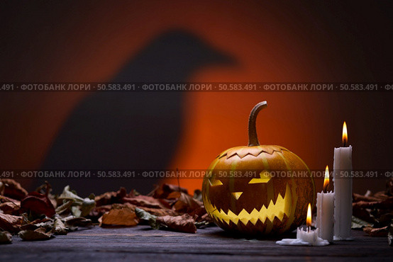 Pumpkin for Halloween, lamp pumpkin, crow silhouette, antique wood, celebrating halloween, smiley on a pumpkin, paraffin candles, bright background, angry face, burning candles, autumn dry leaves. Pumpkins for Halloween and the silhouette of a raven. Стоковое фото, агентство Ingram Publishing / Фотобанк Лори