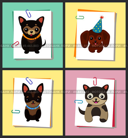 Puppies and dogs poster set, collection of pets pictures, creatures of different breeds and colors, in cap and bows, isolated on vector illustration. Dog on a piece of paper clamped with a paper clip. Puppies and Dogs Poster Set Vector Illustration. Стоковая иллюстрация, агентство Ingram Publishing / Фотобанк Лори