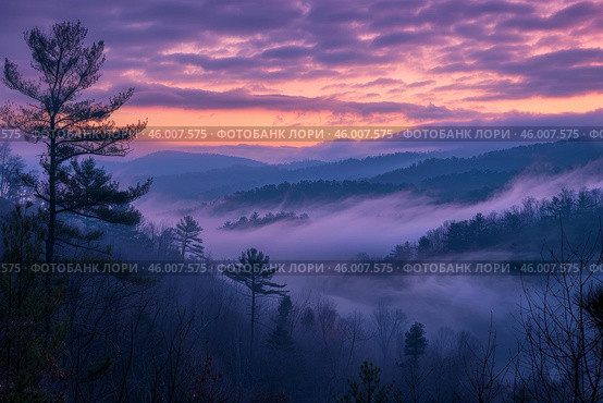 Purple and orange sunrise illuminating foggy appalachian mountains. Стоковое AI-изображение, AI-художник Иван Рябоконь / Фотобанк Лори