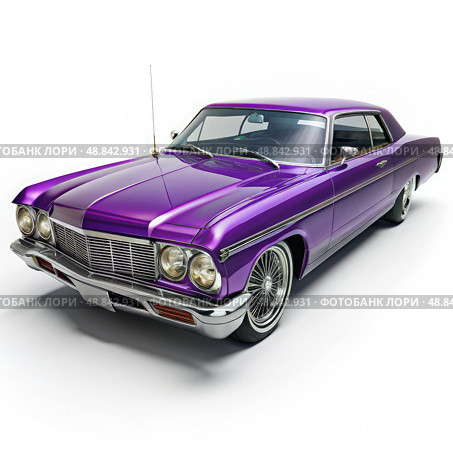 Purple Low rider Car on White Background. Generative AI. Стоковое AI-изображение, AI-художник Roman Zavorotny / Фотобанк Лори