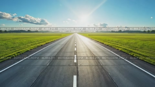 Пустынная, асфальтированная дорога, уходящая вдаль, с ясным небом и солнцем. Прямое шоссе через зеленое поле, с ярким небом и солнцем - видео для путешествий. Стоковое AI-видео, аниматор Анжелика Самсонова / Фотобанк Лори