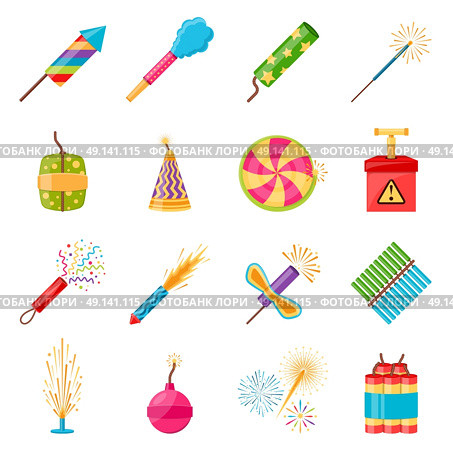 Pyrotechnics Festival Flat Icons Set. Pyrotechnics festival flat icons set with colorful firework crackers of different shape isolated on white background vector illustration. Стоковая иллюстрация, агентство Ingram Publishing / Фотобанк Лори
