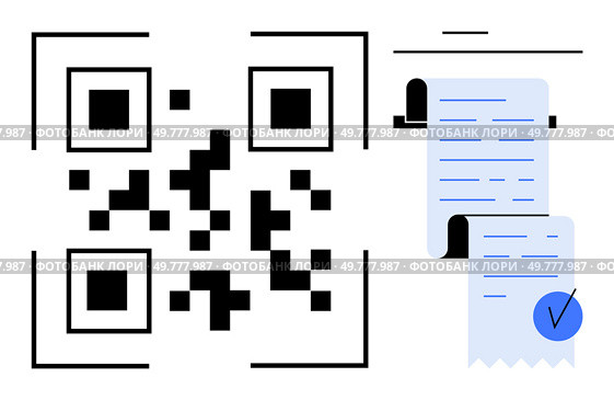 QR code and a printed receipt side by side. Ideal for digital transactions, online payments, e-commerce, mobile receipts, and invoicing. Simple, modern, and functional vector style. QR Code and Receipt Combination for Digital Payments and Invoicing Solutions. Стоковая иллюстрация, агентство Ingram Publishing / Фотобанк Лори