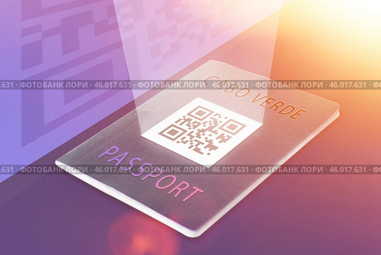 QR on cover of Cabo Verde passport. Introduction of electronic passports in country. Barcode on documents. Reading passport QR code. Стоковое фото, фотограф Алексей Круковский / Фотобанк Лори