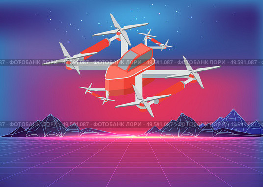 Quadcopter flying, area in purple color, 3d view of wireless device in sky, controlling equipment. Multicopter innovation, piloting object, professional modern robot with propeller, security vector. Multicopter in Sky, Flying Drone, Gadget Vector. Стоковая иллюстрация, агентство Ingram Publishing / Фотобанк Лори