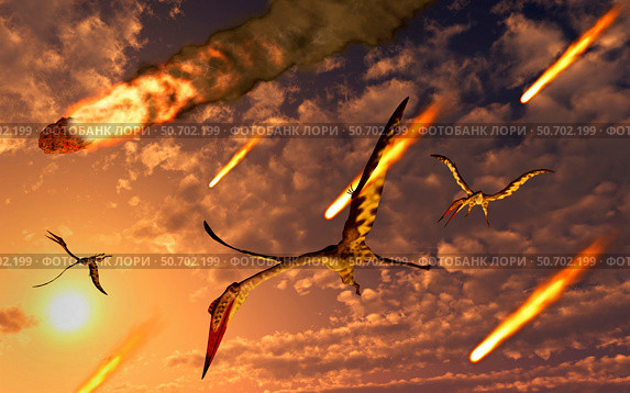 Quetzalcoatlus try to avoid meteorites during the Paleogene- Cretaceous extinction event. Стоковое фото, фотограф Mark Stevenson/Stocktrek Images / ТАСС / Фотобанк Лори