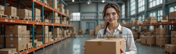 Работа на складе: женщина держит картонную коробку в большом складском помещении. Стоковое AI-изображение, AI-художник Валерий Лукин / Фотобанк Лори