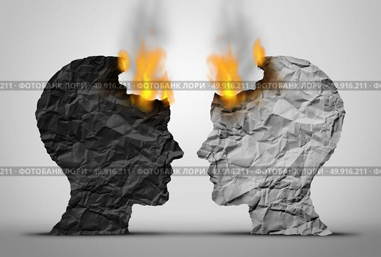 Racial relations challenge and social or society race tension as two black and white human heads facing each other in crisis as they both burn as a society and social relationship trouble in a 3D illustration style. Стоковое фото, агентство Ingram Publishing / Фотобанк Лори