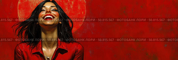 Radiant Joy: A woman’s euphoric laugh against a fiery sphere. Стоковое AI-изображение, AI-художник Данила Большаков / Фотобанк Лори
