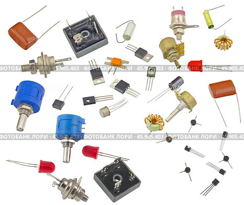 Радиодетали разного типа на белом фоне. Radio components on a white background. Стоковое фото, фотограф Татьяна Д / Фотобанк Лори