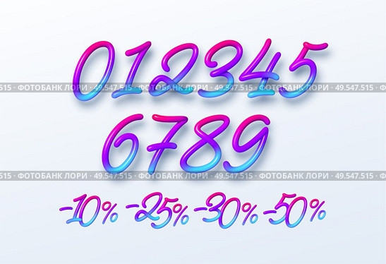 Rainbow Sale lettering numbers in 3d style. Numbers with liquid effect of a color gradient in volumetric style. Isolated numbers on a white background. Vector illustration EPS10. Rainbow Sale lettering numbers in 3d style. Numbers with liquid effect of a color gradient in volumetric style. Isolated numbers on a white background. Vector illustration. Стоковая иллюстрация, агентство Ingram Publishing / Фотобанк Лори