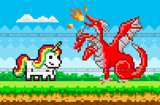 Rainbow unicorn and red three-headed dragon pixel art in nature landscape background, fairytale character horse and dinosaur in meadow. Pixelated personage, pony with monster in pixel-game scene. Rainbow unicorn and red three-headed dragon pixel art in nature landscape, fairytale character. Стоковая иллюстрация, агентство Ingram Publishing / Фотобанк Лори