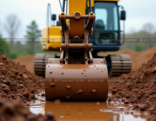 Rainwater collects in muddy trenches as the excavator bucket digs deep into the rich earth, preparing for a new construction project in a rural area Generative AI. Стоковое AI-изображение, AI-художник Юлия Петровская / Фотобанк Лори