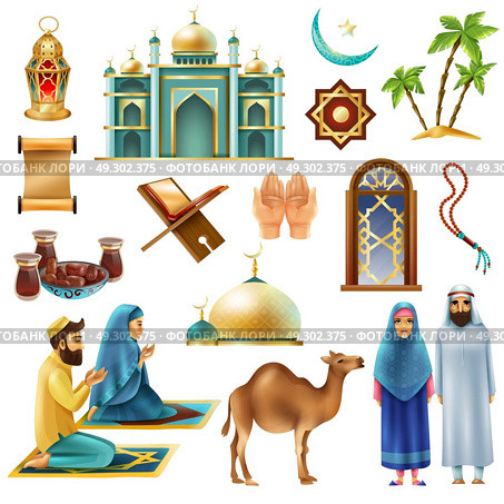 Ramadan Kareem Mubarak Symbols Icons Set. Ramadan muslims holy month religious symbols traditional objects food clothing realistic icons collection isolated vector illustration . Стоковая иллюстрация, агентство Ingram Publishing / Фотобанк Лори