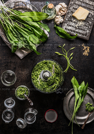 Ramson, wild garlic, pesto in blender on dark rustic kitchen table background with ingredients, top view. Healthy cooking still life. Copy space for your design, text or recipes. Spring seasonal food. Стоковое фото, агентство Ingram Publishing / Фотобанк Лори