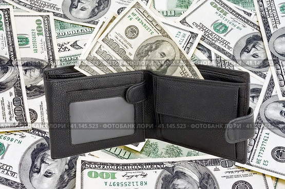 Раскрытый кошелек с американскими долларами на белом фоне. Wallet with dollars isolated on white background. Стоковое фото, фотограф Татьяна Д / Фотобанк Лори