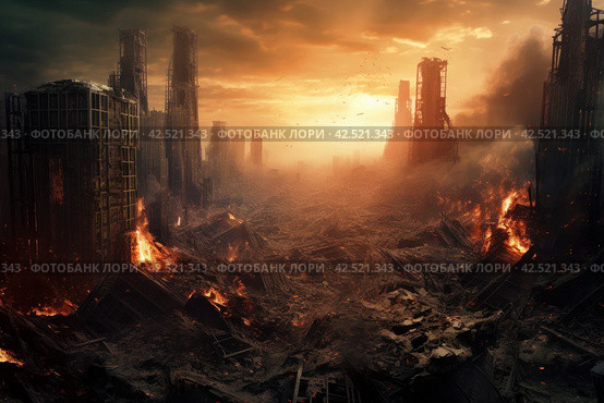 Ravaged Destroyed skyscrapers street. Generate Ai. Стоковое AI-изображение, AI-художник Иван Рябоконь / Фотобанк Лори