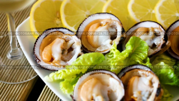 Raw bivalve shellfishes (European bittersweet) served with lemon on plate. Стоковое видео, видеограф Яков Филимонов / Фотобанк Лори
