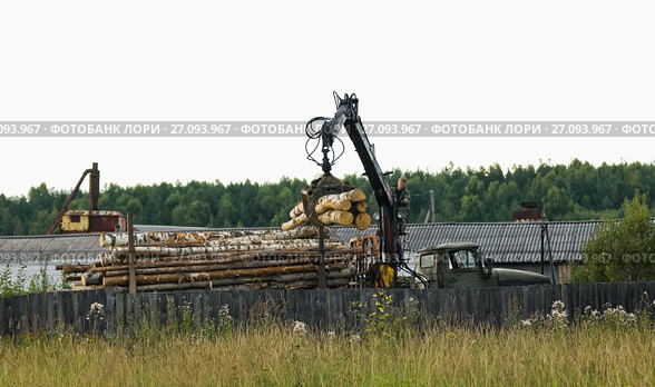 Разгрузка лесовоза (2017 год). Редакционное фото, фотограф Макаров Алексей / Фотобанк Лори