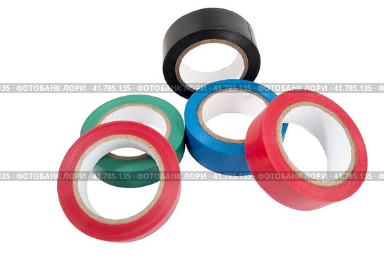 Разноцветная изоляционная лента для изоляции электрических проводов. Insulating tape to insulate of electrical wires. Стоковое фото, фотограф Татьяна Д / Фотобанк Лори