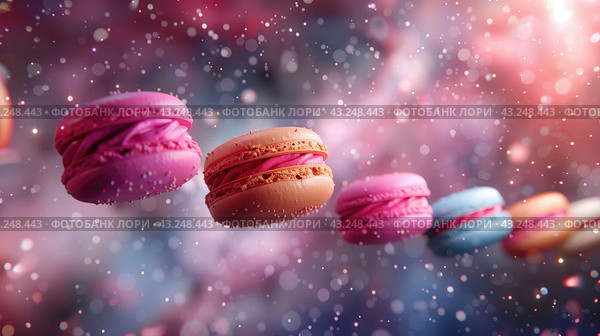 Разноцветные макаруны, летящие в пространстве, на фоне боке. colorful macarons flying in space with a bokeh background. Стоковое AI-изображение, AI-художник Katsiaryna Repich / Фотобанк Лори