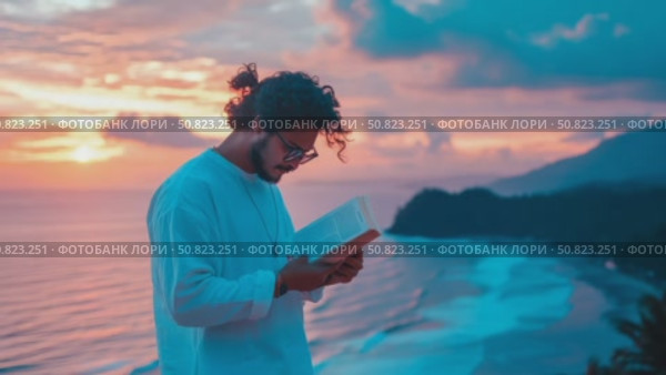 Reader at dusk, lost in narrative, where sky meets sea, whispers tales of wisdom and solitude. Стоковое AI-видео, аниматор Данила Большаков / Фотобанк Лори