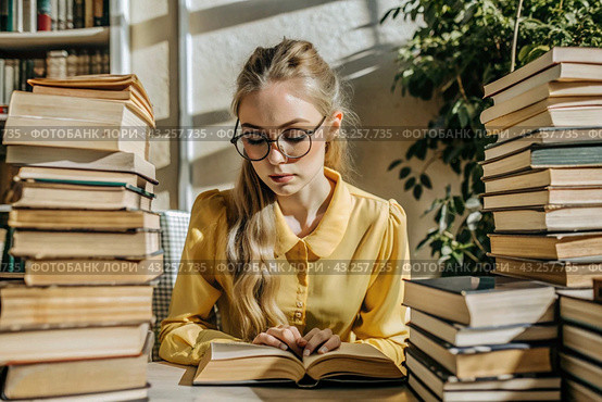 Reading, preparing for exams. Admission to the Institute. A young girl with glasses among many books in the interior of the living room, sitting at home in natural light. Стоковое AI-изображение, AI-художник Photojuli / Фотобанк Лори