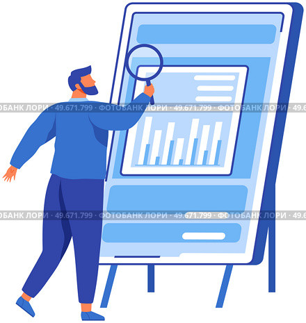 Reading report, survey concept. Man with magnifying glass looking for information in text document. Employee analyzes term of contract. Analysis data launch of new business project. Check startup data. Man with loupe looking for information in text document. Symbol of startup launch. Стоковая иллюстрация, агентство Ingram Publishing / Фотобанк Лори