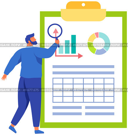 Reading report, survey concept. Man with magnifying glass looking for information in text document. Employee analyzes term of contract. Analysis data launch of new business project. Check startup data. Man with loupe looking for information in text document. Symbol of startup launch. Стоковая иллюстрация, агентство Ingram Publishing / Фотобанк Лори