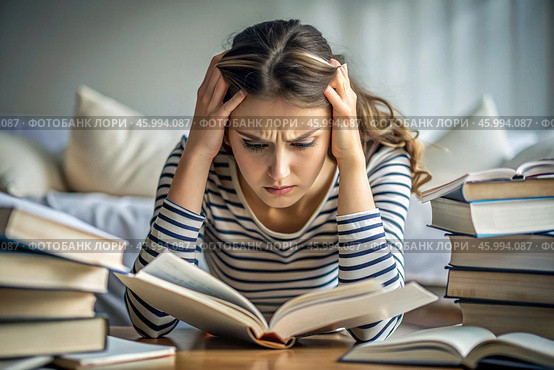 Reads, prepares for exams. use. Admission to the institute. A young girl holds her head among many books, stays at home and studies. Стоковое AI-изображение, AI-художник Photojuli / Фотобанк Лори