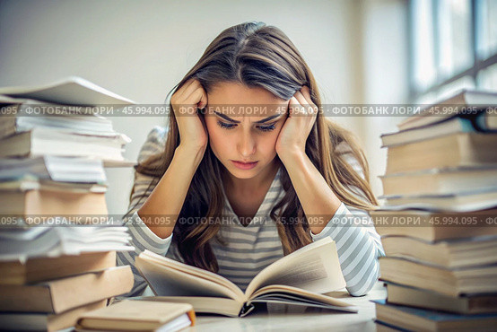 Reads, prepares for exams. use. Admission to the institute. A young girl holds her head among many books, stays at home and studies. Стоковое AI-изображение, AI-художник Photojuli / Фотобанк Лори